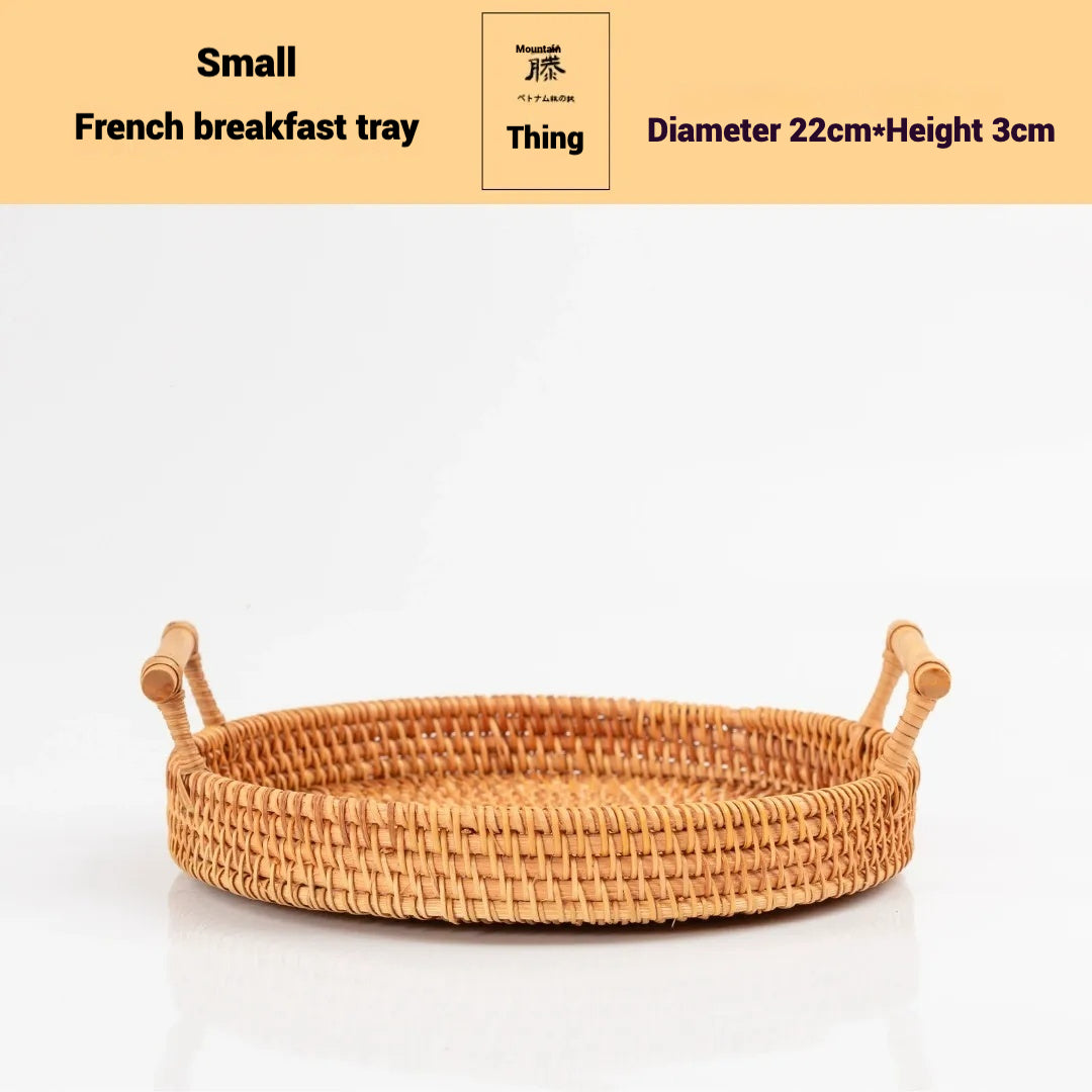 Rattan Tray Bread Fruit Dessert Double Handle Portable Picnic Basket Storage Basket