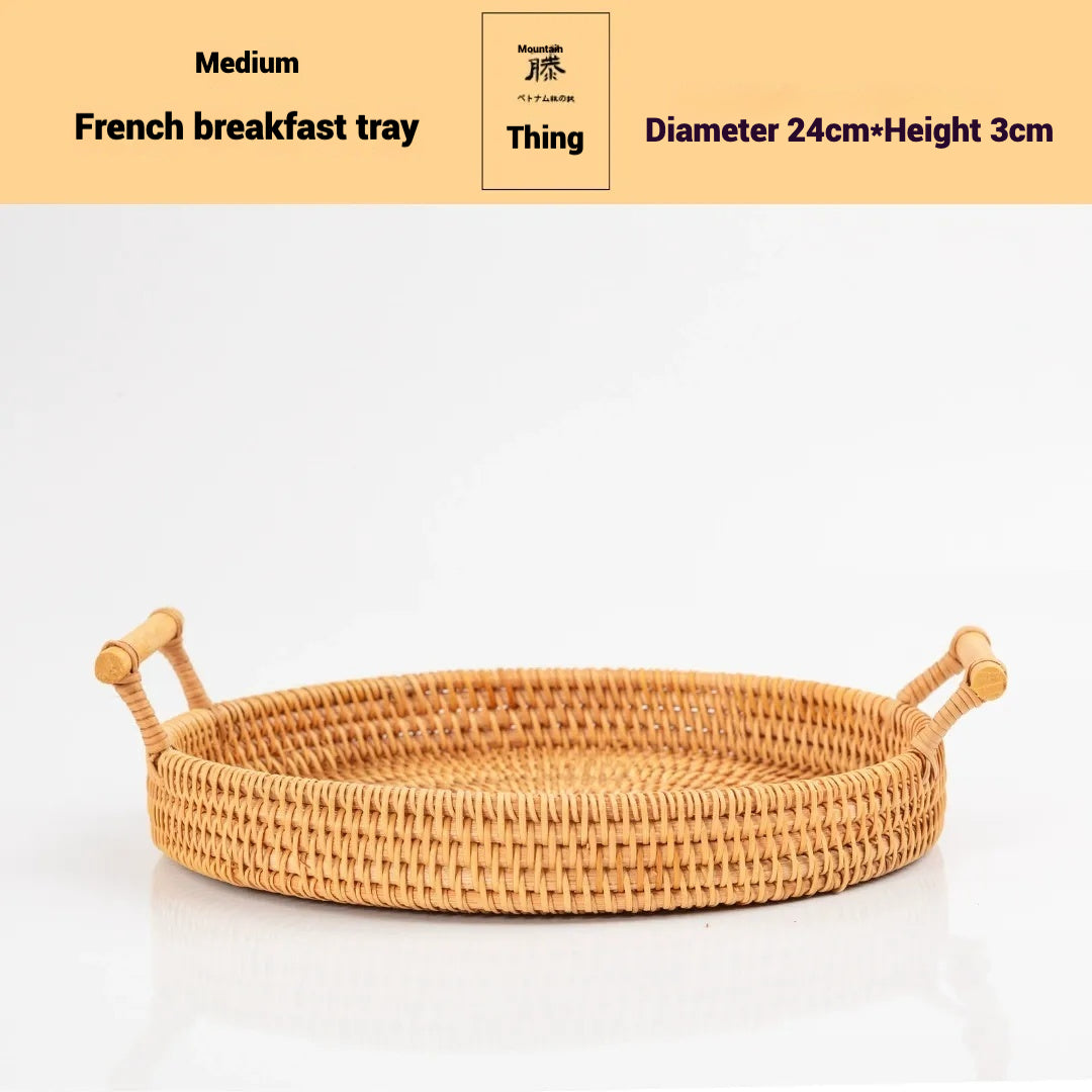 Rattan Tray Bread Fruit Dessert Double Handle Portable Picnic Basket Storage Basket