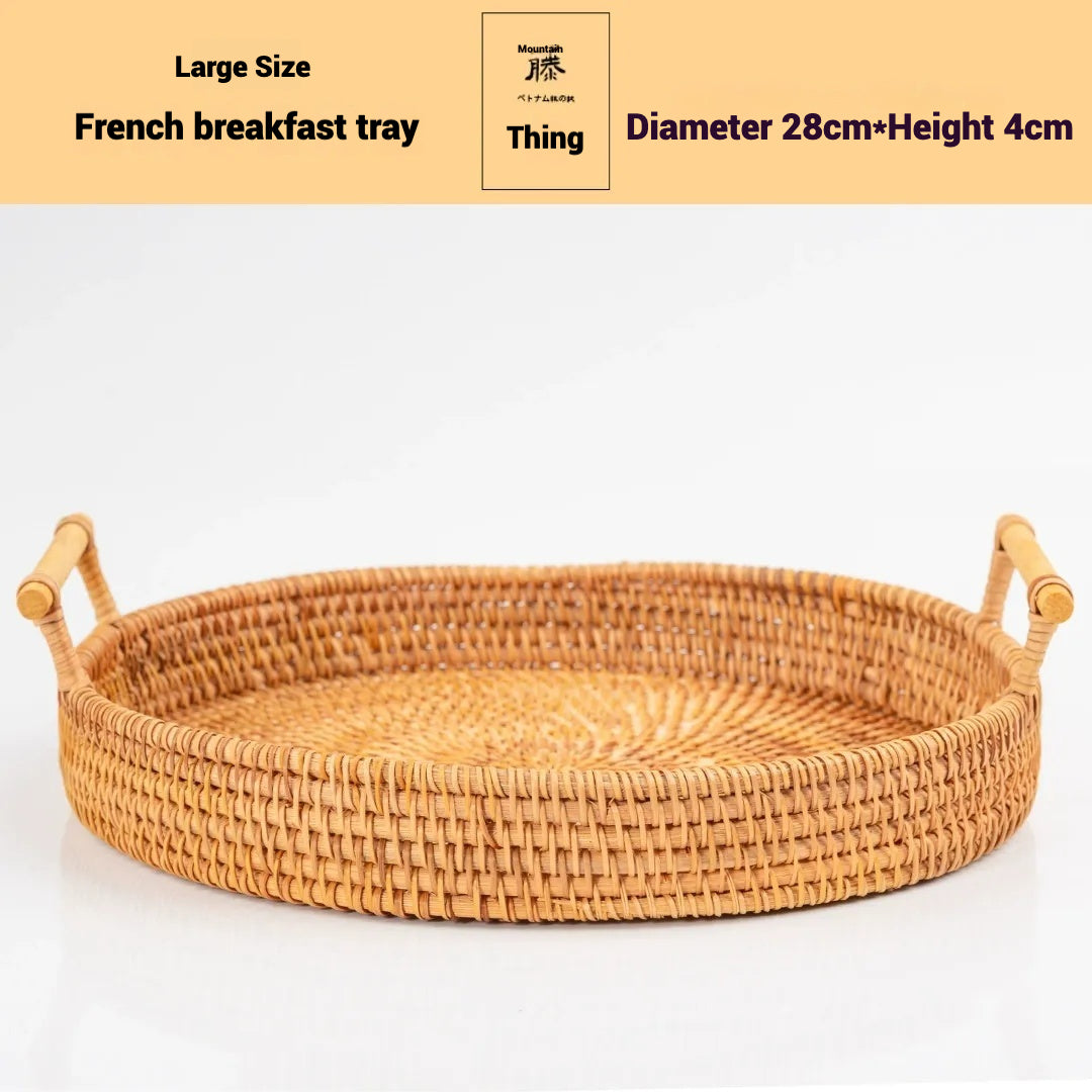 Rattan Tray Bread Fruit Dessert Double Handle Portable Picnic Basket Storage Basket