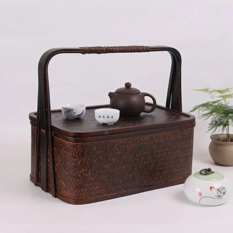 Natural Bamboo Tea Set Storage Basket & Travel Container
