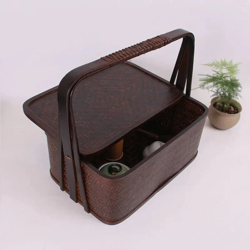 Natural Bamboo Tea Set Storage Basket & Travel Container
