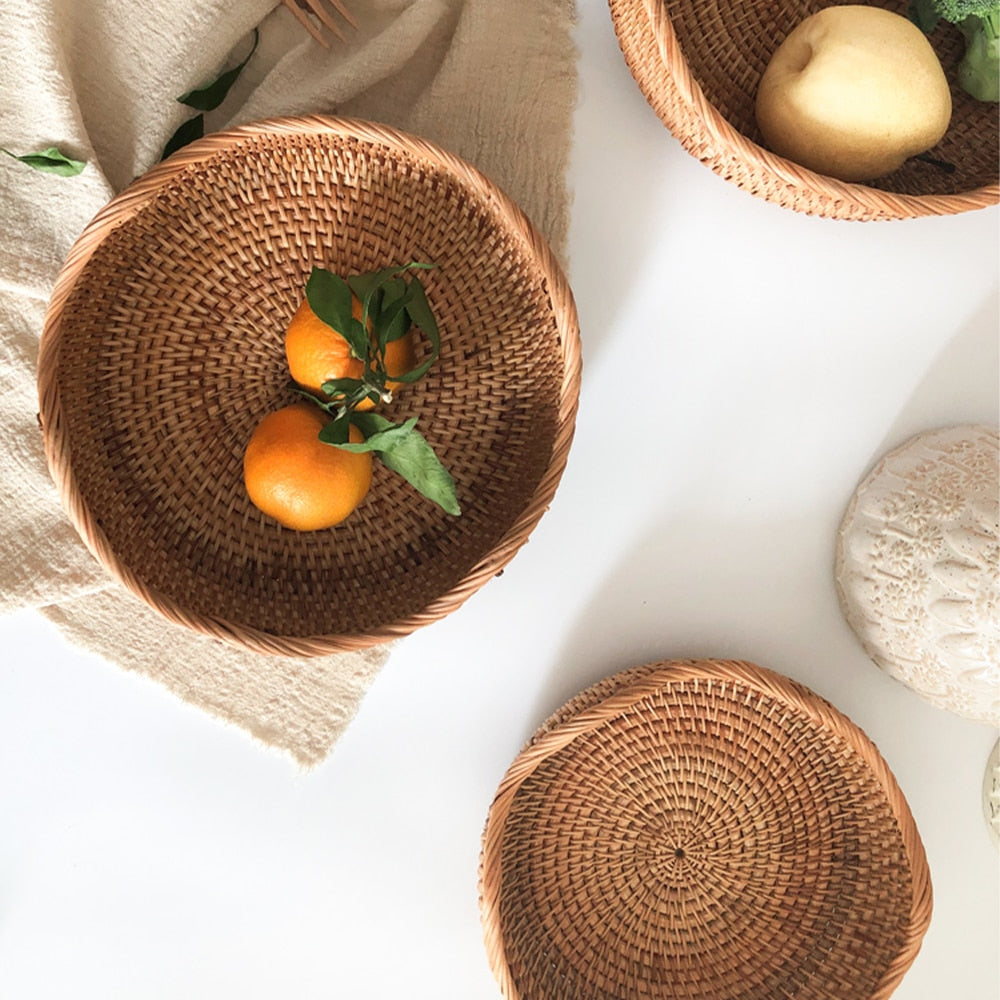 Handmade Rattan Bread Baskets Round Wicker Fruit Serving Storage Bowls, Natural Woven Decorative Kitchen Counter Organizing