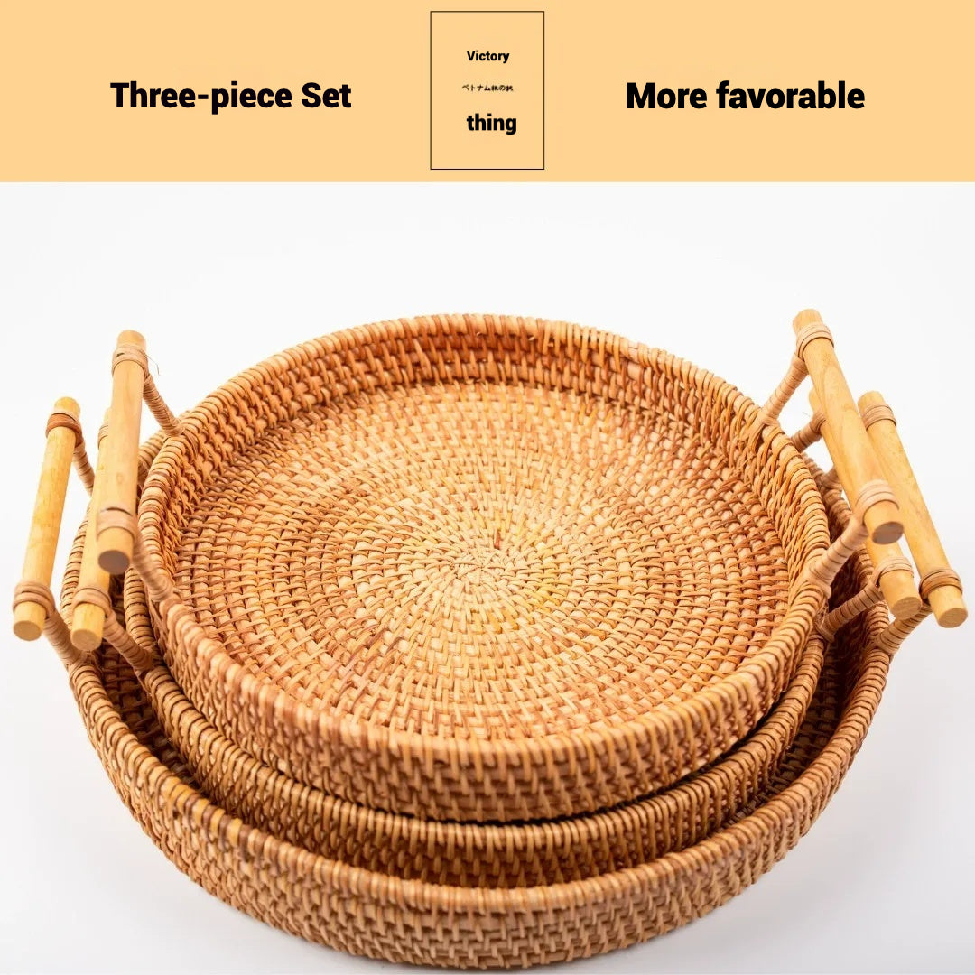 Rattan Tray Bread Fruit Dessert Double Handle Portable Picnic Basket Storage Basket