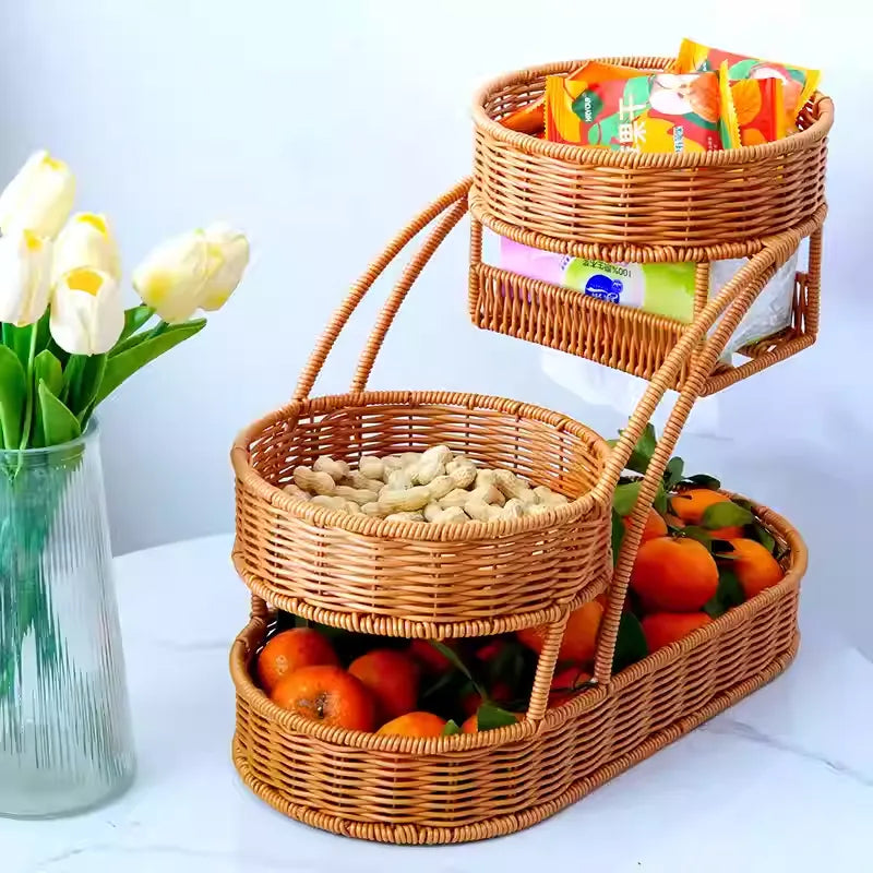 Rattan fruit rack creative multi-layer fruit basket Chinese style living room placed dry fruit plate afternoon tea tray