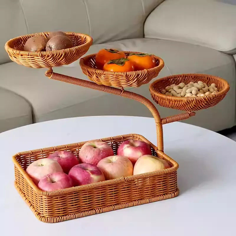 Rattan fruit rack creative multi-layer fruit basket Chinese style living room placed dry fruit plate afternoon tea tray