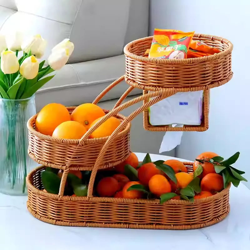Rattan fruit rack creative multi-layer fruit basket Chinese style living room placed dry fruit plate afternoon tea tray