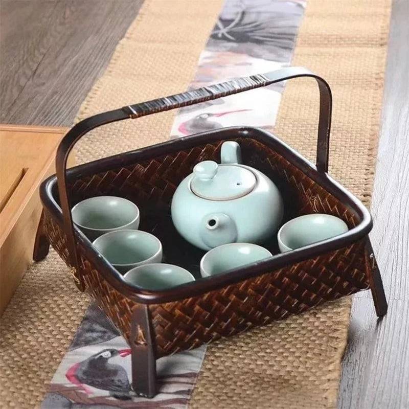 Handcrafted Bamboo Storage Basket for Tea Sets and Fruits