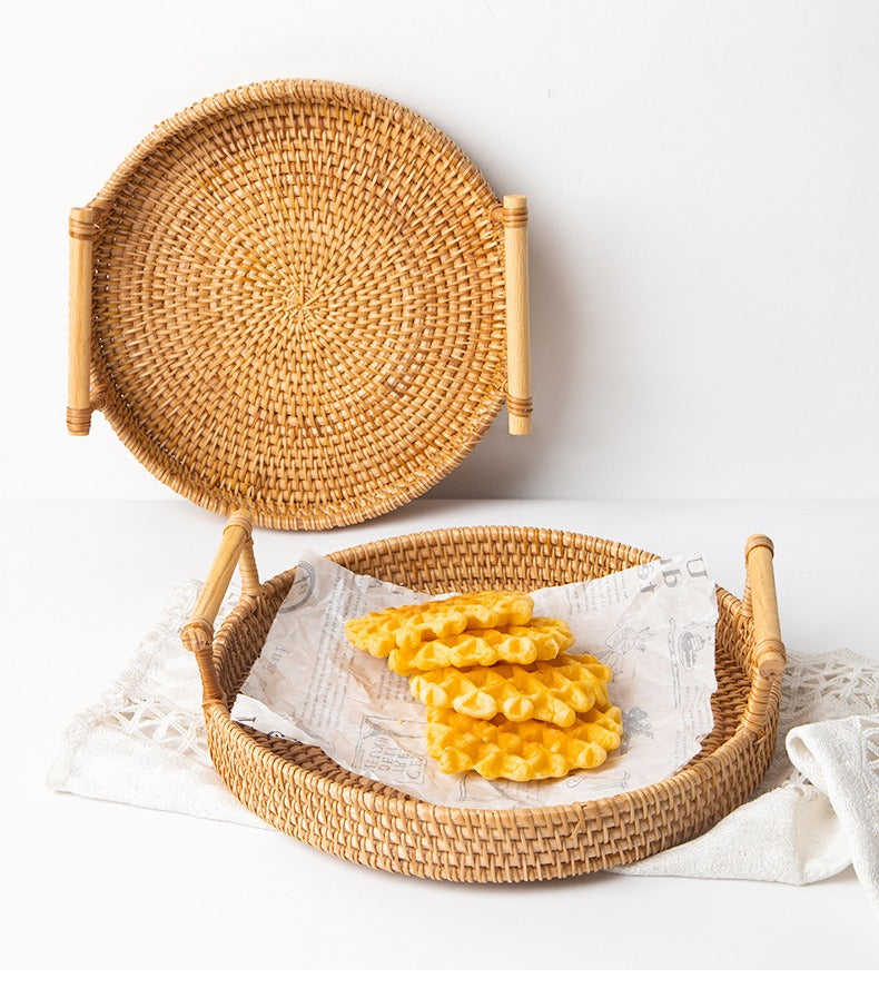 Rattan Tray Bread Fruit Dessert Double Handle Portable Picnic Basket Storage Basket