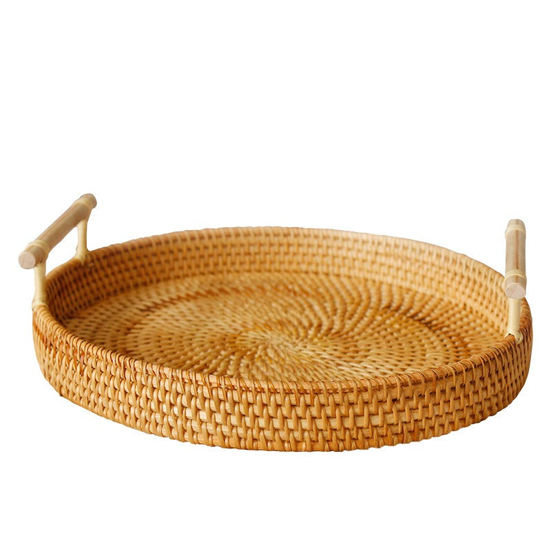 Rattan Tray Bread Fruit Dessert Double Handle Portable Picnic Basket Storage Basket